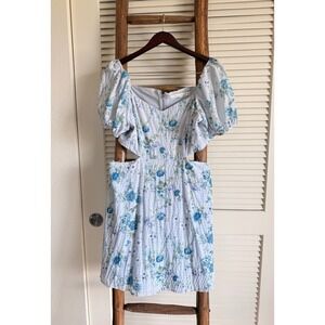 Altar State Light Blue Floral Puff Sleeve Cut Out Mini Dress Size‎ M